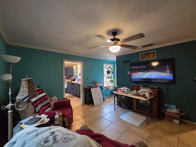 6208 E County Rd 84, Midland, TX 79706 - living room with ornamental molding, tile patterned flooring, and ceiling fan