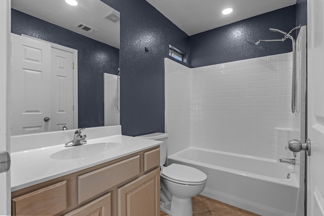 full bathroom with vanity, toilet, shower / bath combination, and tile patterned flooring