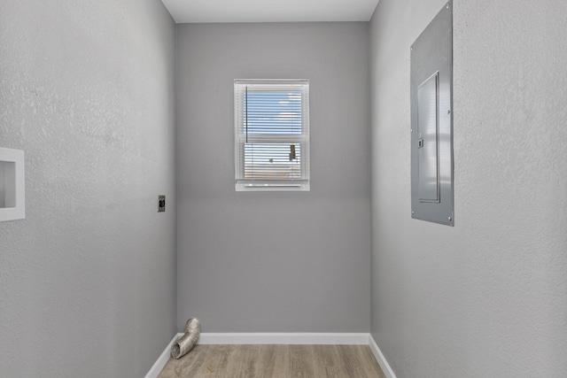 1344 E 5th St, Odessa, TX 79761 - laundry room featuring hookup for an electric dryer, electric panel, wood finished floors, and baseboards