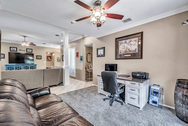 office featuring a ceiling fan, decorative columns, crown molding, baseboards, and light tile patterned floors