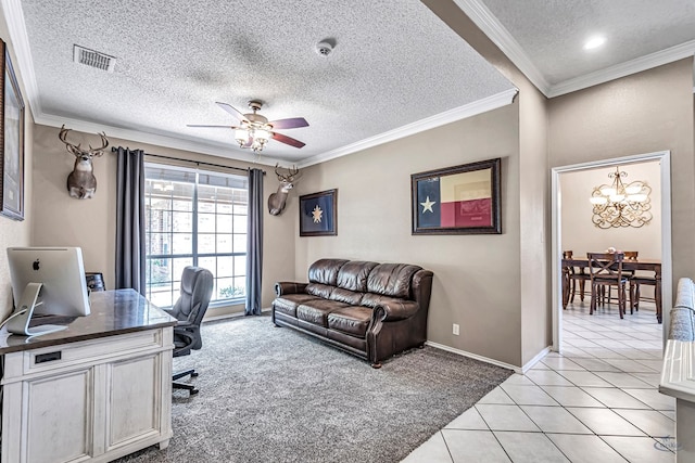 office space featuring a textured ceiling, ceiling fan, a chandelier, light tile patterned floors, and baseboards