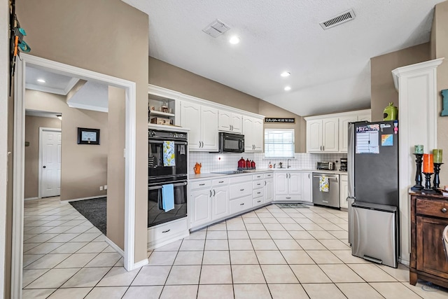 kitchen featuring black appliances, white cabinets, tasteful backsplash, open shelves, and vaulted ceiling