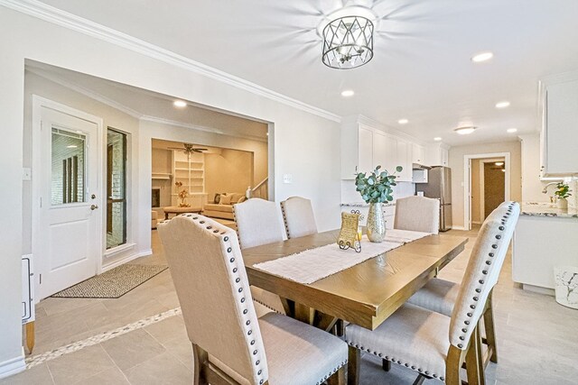 tiled dining space with crown molding