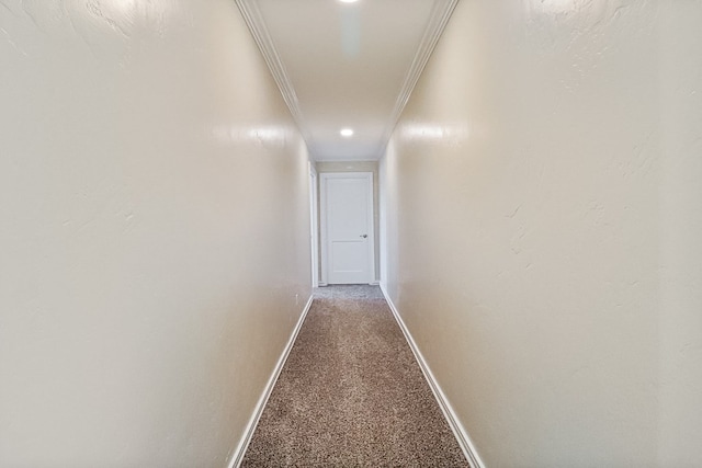 corridor featuring carpet flooring and crown molding