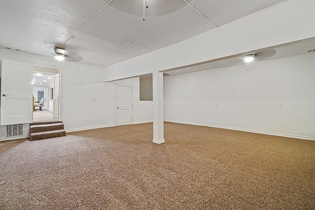 basement with ceiling fan