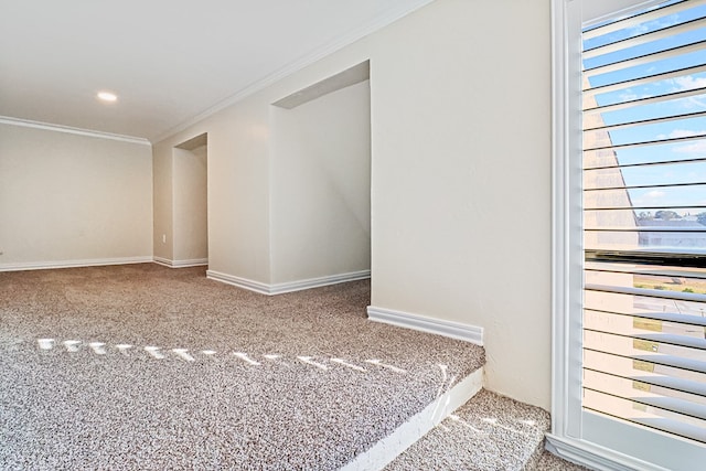 interior space with crown molding and carpet