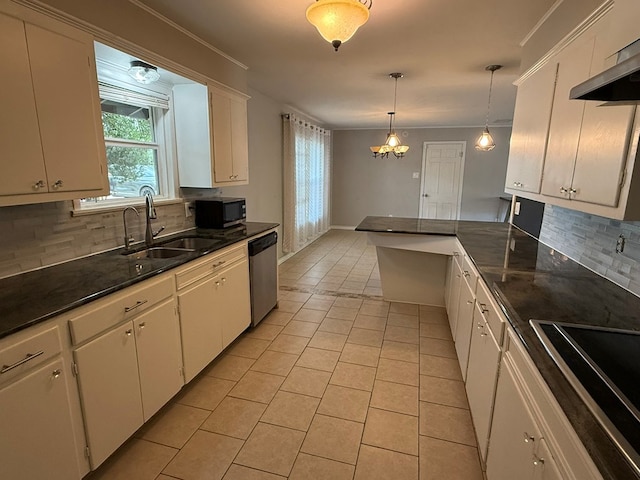 kitchen with black appliances, under cabinet range hood, light tile patterned flooring, backsplash, and white cabinetry