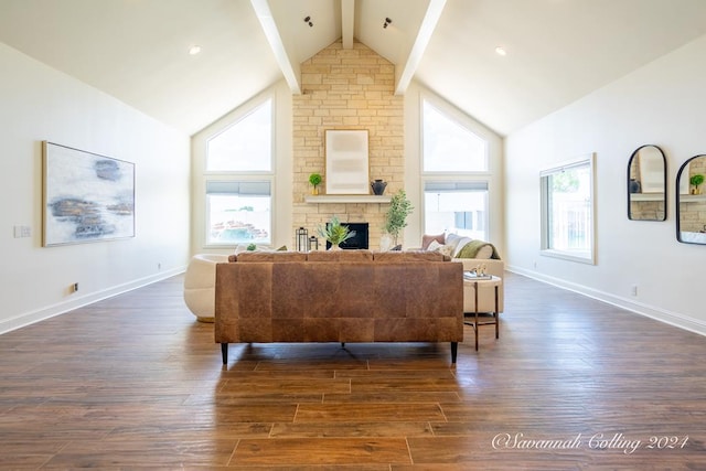 living room featuring high vaulted ceiling, dark wood-type flooring, a stone fireplace, and a healthy amount of sunlight