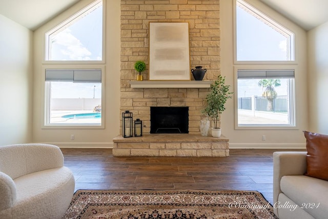 living room with dark hardwood / wood-style flooring, a fireplace, and a wealth of natural light