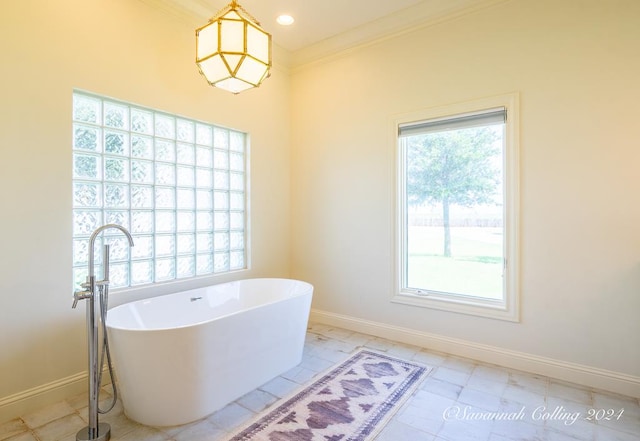 bathroom featuring a healthy amount of sunlight, ornamental molding, and a tub to relax in