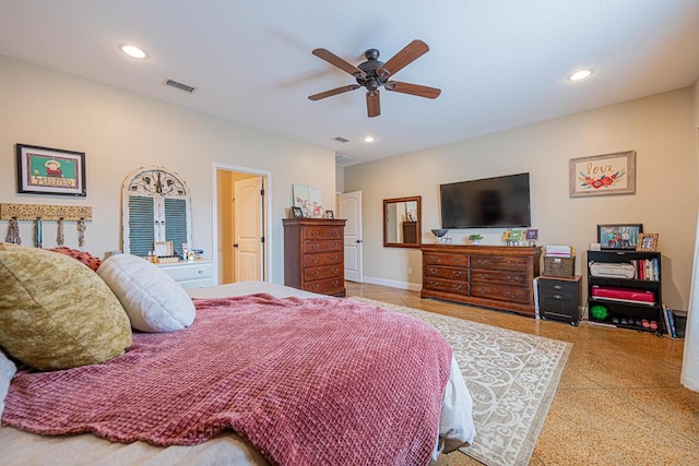 bedroom with visible vents, ceiling fan, recessed lighting, and baseboards