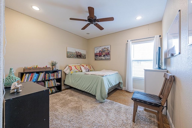 bedroom with baseboards, recessed lighting, and ceiling fan