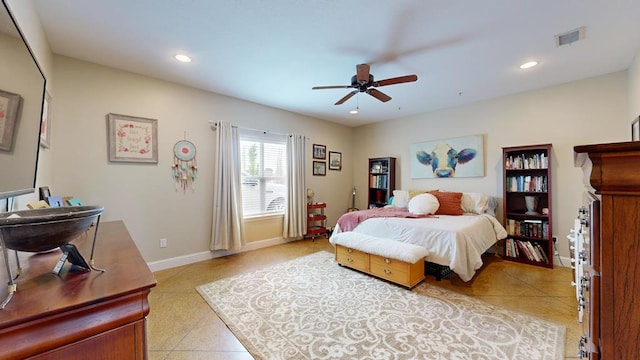 bedroom featuring recessed lighting, a ceiling fan, visible vents, and baseboards