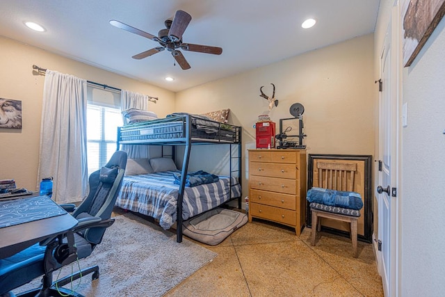 bedroom featuring recessed lighting, a ceiling fan, and speckled floor