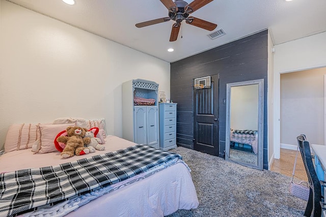 bedroom with visible vents, recessed lighting, a ceiling fan, and baseboards