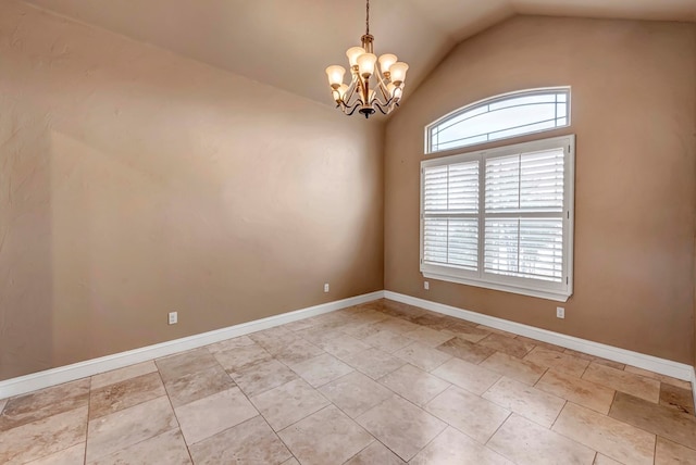 unfurnished room with lofted ceiling and a chandelier