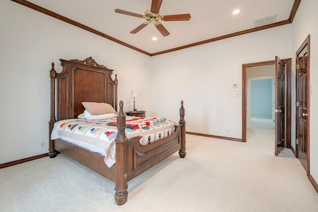 bedroom with ceiling fan, light carpet, and ornamental molding