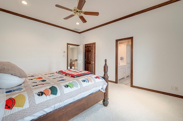 carpeted bedroom featuring ceiling fan and crown molding