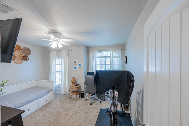 carpeted office space with ceiling fan and a textured ceiling