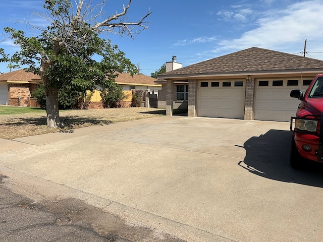 3210 Park Ln, Midland, TX 79701 - ranch-style house with brick siding, driveway, a garage, a chimney, and a shingled roof