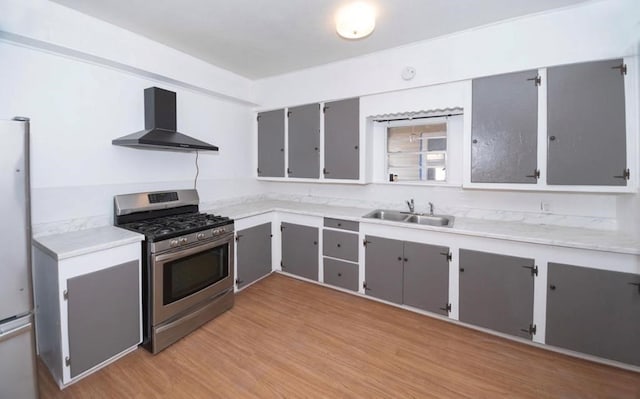 kitchen featuring sink, gray cabinets, wall chimney range hood, and stainless steel appliances