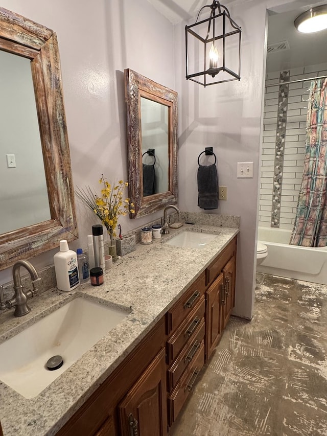 full bath with double vanity, toilet, shower / bath combination with curtain, and a sink