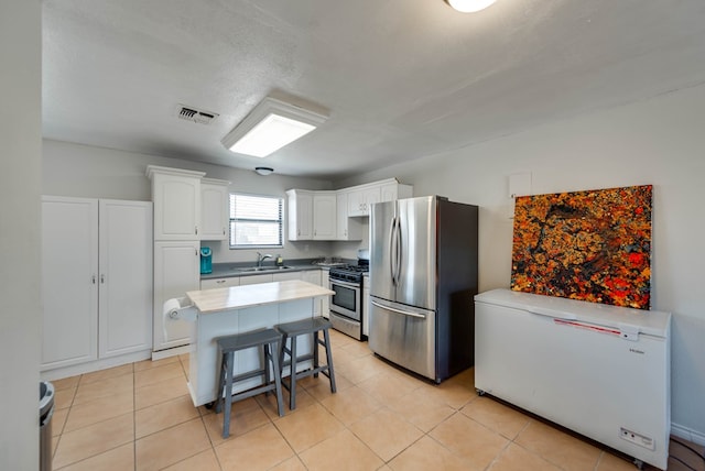 2724 E 11th St, Odessa, TX 79761 - kitchen featuring visible vents, a sink, a center island, white cabinetry, and stainless steel appliances