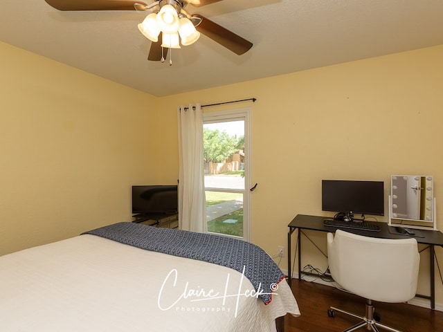 bedroom featuring a ceiling fan and wood finished floors