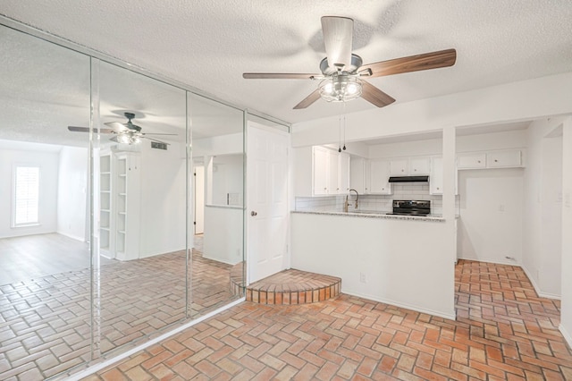 kitchen featuring under cabinet range hood, a peninsula, range with electric cooktop, white cabinets, and backsplash