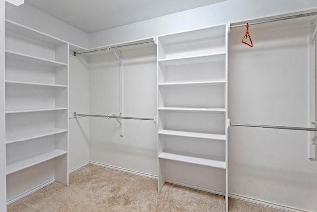 walk in closet featuring light carpet