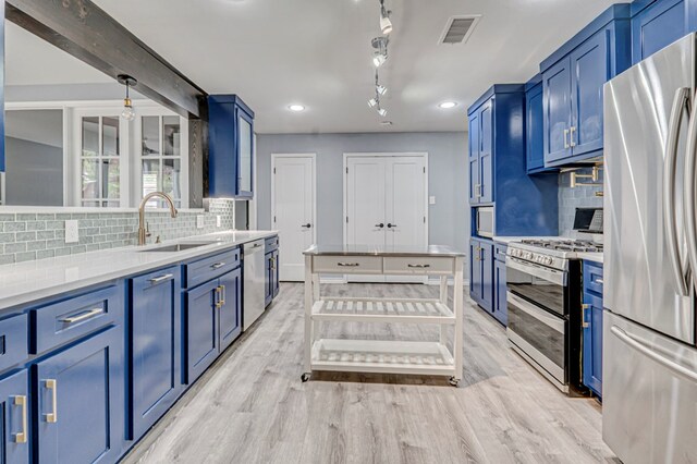 kitchen featuring visible vents, a sink, blue cabinetry, and stainless steel appliances