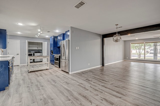 unfurnished living room with visible vents, a sink, baseboards, recessed lighting, and light wood-style flooring