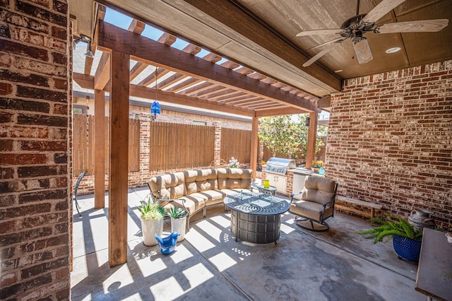 5319 Half Moon Cir, Midland, TX 79707 - view of patio / terrace featuring a pergola, ceiling fan, fence, an outdoor hangout area, and grilling area