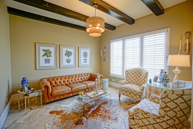 5319 Half Moon Cir, Midland, TX 79707 - tiled living room featuring baseboards, beam ceiling, and a chandelier