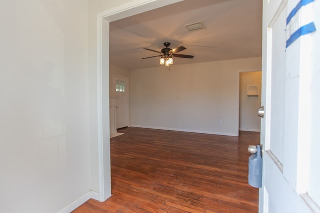 unfurnished room featuring ceiling fan and dark hardwood / wood-style flooring