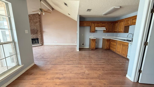 kitchen with a brick fireplace, a sink, under cabinet range hood, and light wood finished floors