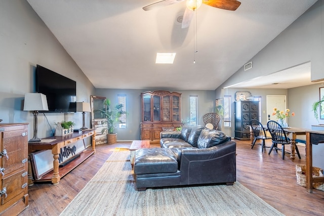 6308 S County Rd 1182, Midland, TX 79706 - living room with visible vents, wood finished floors, lofted ceiling, and a ceiling fan