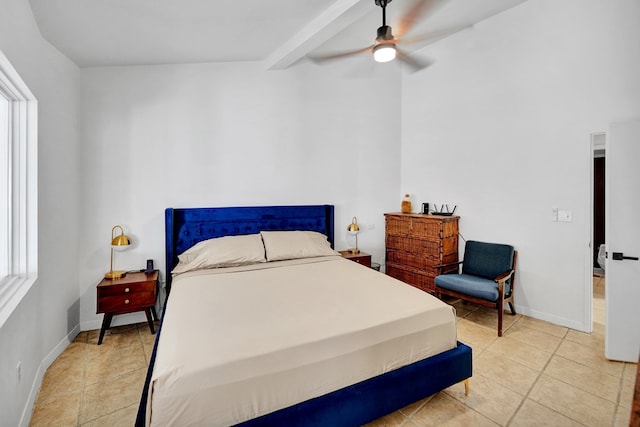 bedroom with beam ceiling, baseboards, a ceiling fan, and light tile patterned flooring