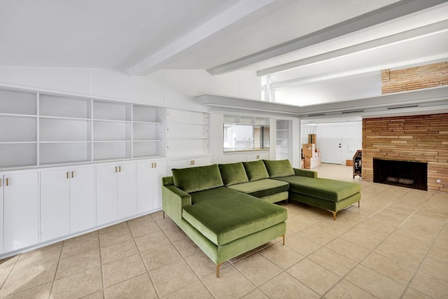 living area featuring light tile patterned floors, a fireplace, built in features, and beam ceiling