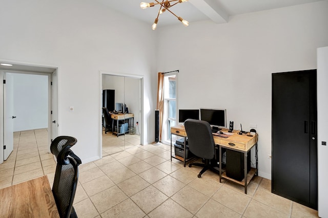 office featuring light tile patterned floors, baseboards, a towering ceiling, beamed ceiling, and a notable chandelier