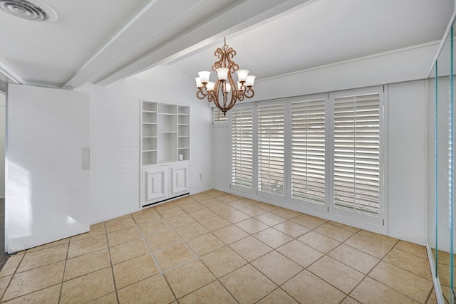 unfurnished dining area with lofted ceiling with beams, tile patterned floors, visible vents, and a notable chandelier