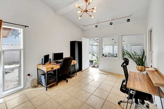 office space featuring light tile patterned floors, lofted ceiling with beams, and an inviting chandelier