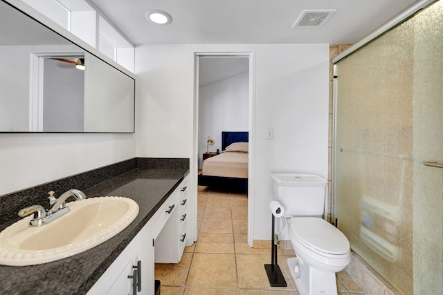 full bathroom featuring ensuite bathroom, toilet, vanity, visible vents, and a stall shower