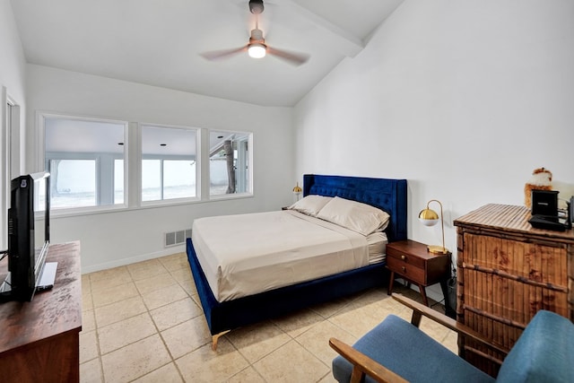 bedroom with visible vents, vaulted ceiling with beams, baseboards, and ceiling fan