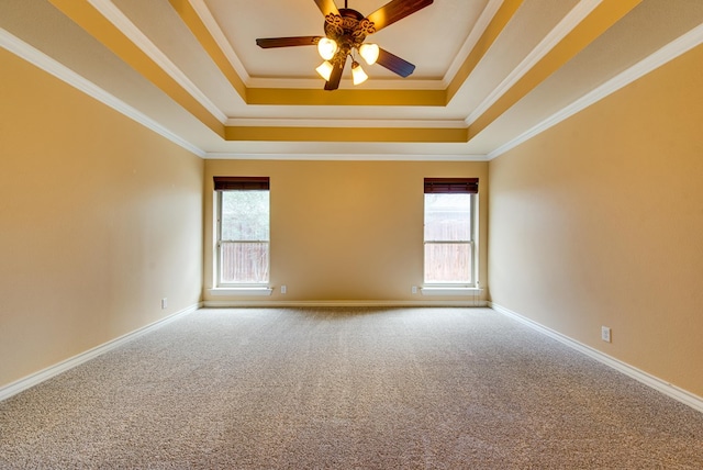 unfurnished room featuring a raised ceiling, a ceiling fan, carpet, and plenty of natural light