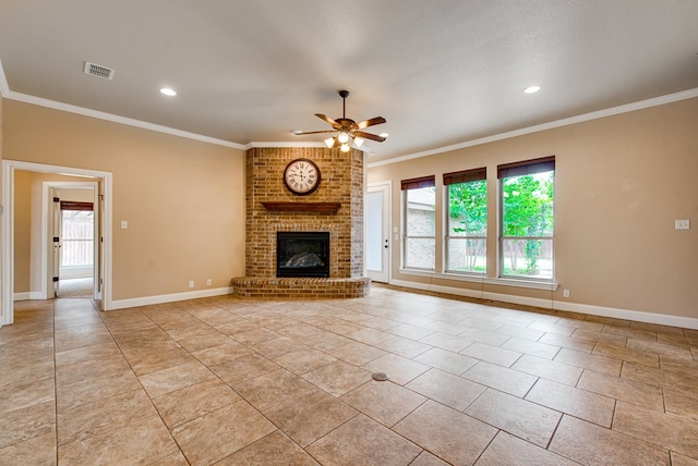 unfurnished living room featuring crown molding, visible vents, ceiling fan, and a fireplace