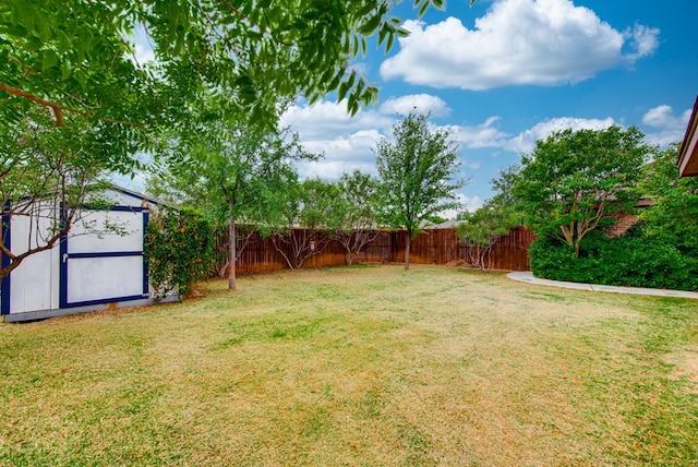 view of yard featuring a fenced backyard, an outbuilding, and a storage shed