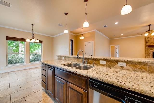 kitchen featuring stainless steel dishwasher, a ceiling fan, a sink, and visible vents