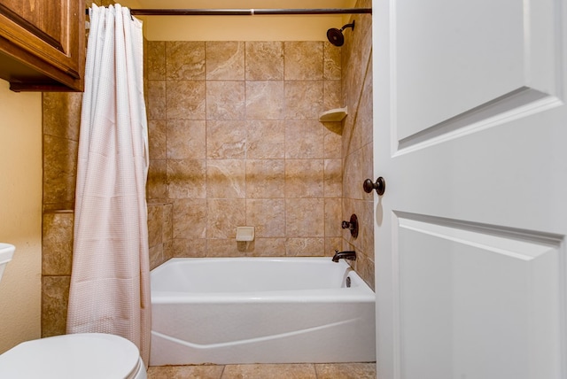 bathroom with toilet, shower / bathtub combination with curtain, and tile patterned floors