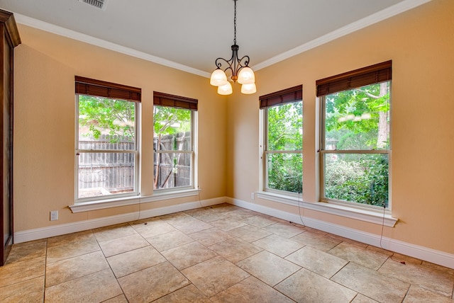 unfurnished dining area featuring crown molding, visible vents, a notable chandelier, and baseboards